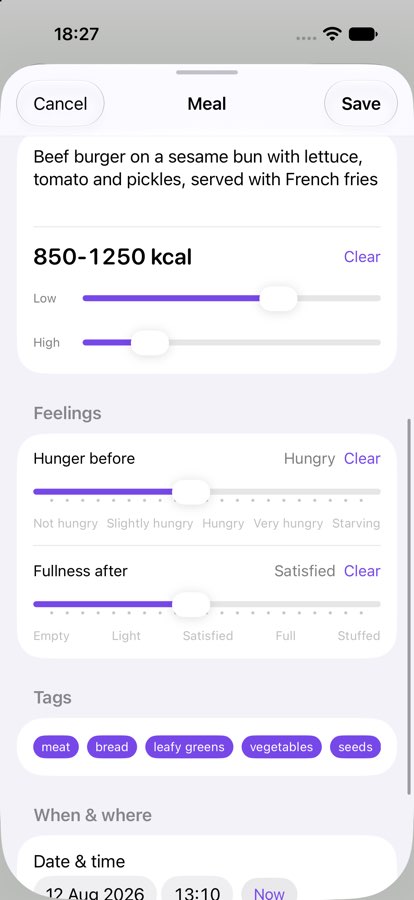 The MealSnap meal editor just after a photo lands: the meal photograph, a written description, and the calorie range with its Low and High sliders.