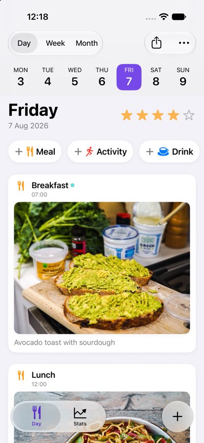 The MealSnap Day screen: a date strip, quick-add pills for Meal, Activity and Drink, and a lunch card showing a plate of spaghetti with an estimate of 750 to 1100 kcal.