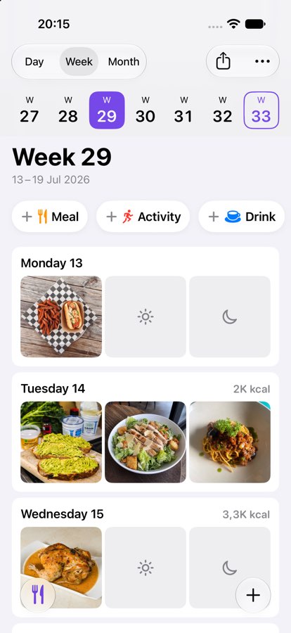 The MealSnap Week view: Monday shows two meal photos and a 1.4K kcal total, while the following days read No entries.