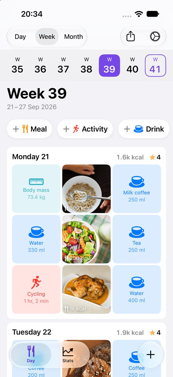 The MealSnap week view: Monday 21 shows a Body mass entry of 73.4 kg and a 1 hour 2 minute cycling ride between meal photos and drinks.